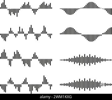 vector music background of audio sound waves pulse, equalizer voice frequency, black and white set. simple illustration of audio sound wave signal Stock Vector