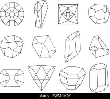 vector collection of diamonds in flat style. diamond shape linear outline. jewellery illustration Stock Vector