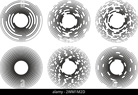 vector abstract radial background of concentric ripple circles. circular lines graphic pattern. dotted line ripples as motion concept. isolated on whi Stock Vector