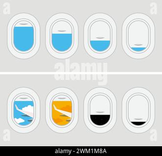 vector set of aircraft windows with curtains in different positions. view from airplane window. sky gaze. plane travel concept Stock Vector