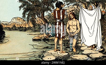 Jesus is baptised in the River Jordan. By Donn Philip Crane (1878-1944). The baptism of Jesus, the ritual purification of Jesus with water by John the Baptist, was a major event described in the three synoptic Gospels of the New Testament. It is considered to have taken place at Al-Maghtas, today located in Jordan. Stock Photo