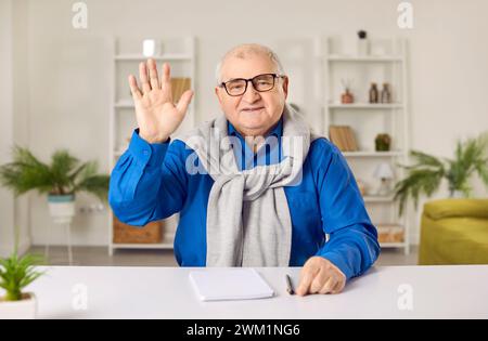 Cheerful senior man having video call, online meeting Stock Photo