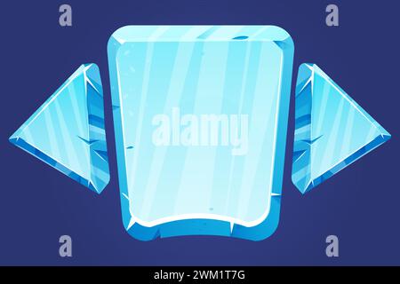 Ice button, frozen frame, level menu isolated on white background. Glass shiny panel, game ui element. . Vector illustration Stock Vector