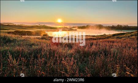 Sunrise on the golf course with fog and mist in a pond Stock Photo