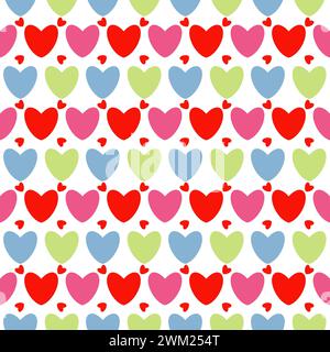Seamless pattern of colorful hearts on a white background. Hearts in various colors seamlessly arranged on a white backdrop. Stock Photo