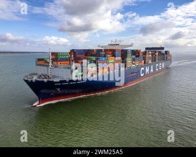 CMA CGM Jean Mermoz is a 21,000 TEU Antoine de Saint-Exupéry class container ship operated by the French shipping company CMA CGM. Stock Photo