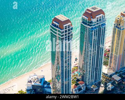 Sunny Isles Beach, FL, USA - February 21, 2024: Aerial photo Acqualina Towers Sunny Isles Beach FL Stock Photo