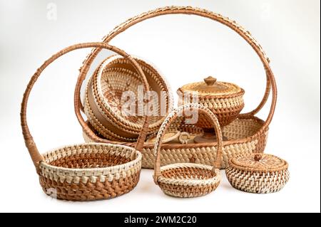 Wicker baskets isolated on white background. Basket made of natural materials. Stock Photo