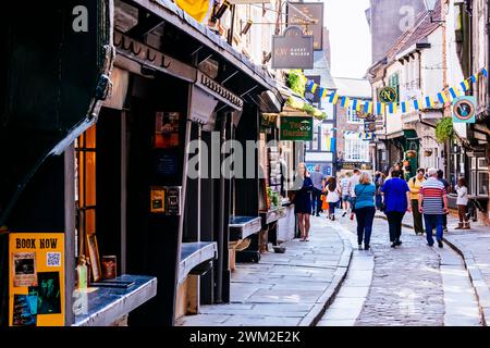 The Shambles is a historic street in York, England, featuring preserved medieval buildings, some dating back as far as the 14th century. York, North Y Stock Photo