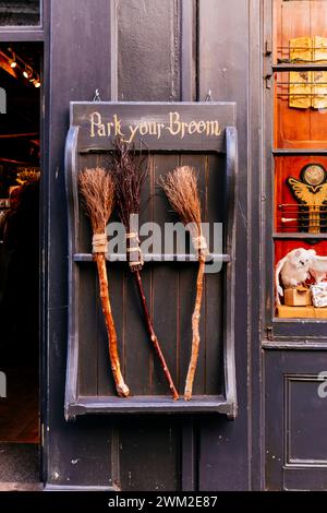 'Park Your Broom' display outside Facade of 'The Shop That Must Not Be Named'. The Shambles. York, North Yorkshire, Yorkshire and the Humber, England, Stock Photo