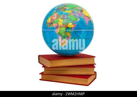 Earth globe on a stack of books where you can see Africa and Europe: knowledge concept. Books are the wisdom and support of the world. Stock Photo
