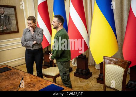 Denmark's Prime Minister Mette Frederiksen (S) and Ukraine's President Volodymyr Zelenskyj sign an agreement on security commitments that ensure that military support continues to Ukraine, Potocki Palace in Lviv, Friday, February 23, 2024. (Photo: Mads Claus Rasmussen/Ritzau Scanpix) Stock Photo