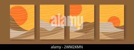 Set card of abstract landscape. Desert wild nature landscapes silhouette template. Vertical banners sand texture with pattern wavy lines. Dunes at sun Stock Vector