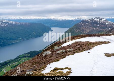 Scenic views from the top of Loen Skylift of Nordfjord and Olden, Norway Stock Photo