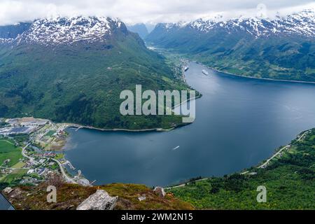 Scenic views from the top of Loen Skylift of Nordfjord and Olden, Norway Stock Photo