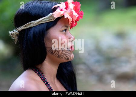 Beautiful woman from Embera tribe from a village in Chagres national park with traditional tattoos on her face, Chagres national park, Panama Stock Photo