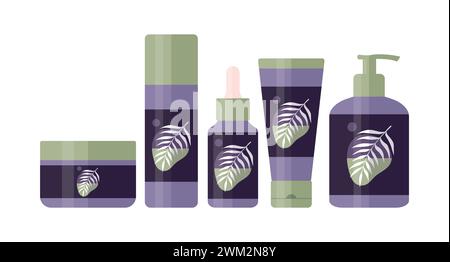 Set of cosmetic tools for daily beauty routine. Tubes and bottles for skin care and beauty with palm tree leaf logo design. Vector illustration Stock Vector