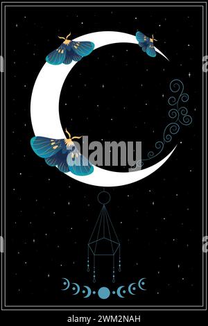 Celestial background with blue moths, stars and crescent moon. Vector illustration Stock Vector