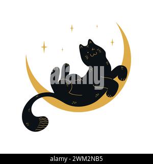 Funny black cat is lying on a crescent. Vector illustration Stock Vector