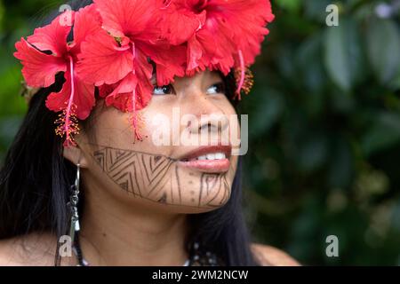 Beautiful woman from Embera tribe from a village in Chagres national park with traditional tattoos on her face and hibiscus flowers in hair, Panama Stock Photo