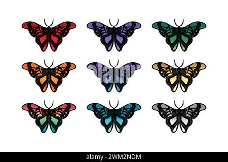 Set of different colored butterflies. Hand drawn butterflies with gradient colors. Vector illustration Stock Vector