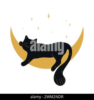 Cute black cat sleeping on a crescent. Vector illustration Stock Vector