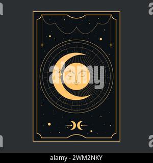 Golden Tarot card with moon and crescent. Tarot symbolism. Mystery, astrology, esoteric. Vector illustration Stock Vector
