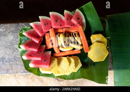 A plate of fresh fruit, Embera Village, Chagres National Park, Panama Stock Photo