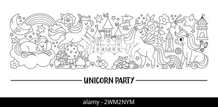 Vector black and white horizontal set with cute characters for unicorn party. Fairytale line card template design for banners, invitations, postcards. Stock Vector