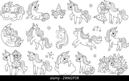 Vector black and white unicorn set. Fantasy animal line collection with horn, mane. Fairytale horse character sitting, running, hugging with fairy. Ca Stock Vector