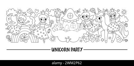 Vector horizontal black and white set with cute characters for unicorn or princess party. Fairytale line card template design for banners, invitations Stock Vector