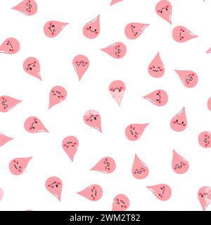 Seamless pattern with cute kawaii blood drops on white background. Hand drawn wallpaper for textile, print. Stock Vector