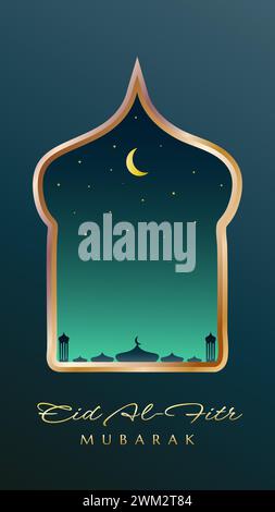 Eid Mubarak vertical greeting card with golden mosque dome frame suitable for social media post or stories Stock Vector