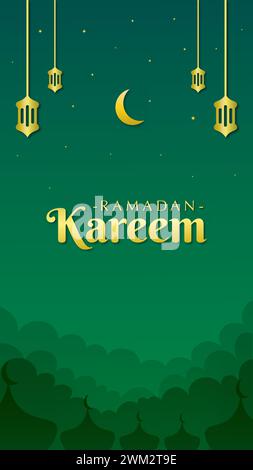 Beautiful night sky with golden lanterns and moon among sparkling stars. Islamic banner vertical design for social media stories Stock Vector