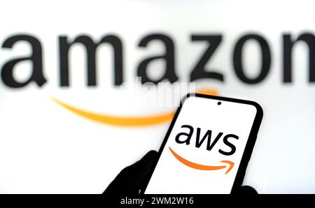 AWS Amazon Web Services displayed on cell phone Stock Photo