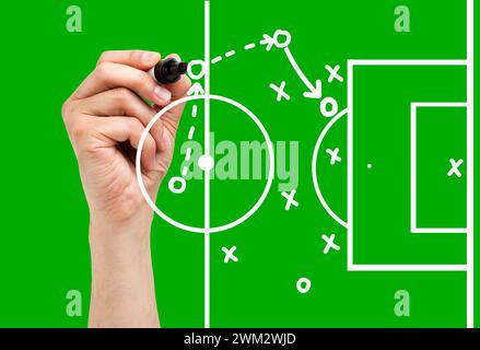 Coach drawing football or soccer game playbook, strategy and tactics with white marker on green background. Stock Photo