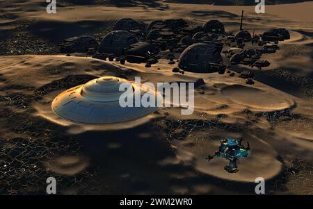 A Flying Saucer Flying Over A Lunar Colony Stock Photo