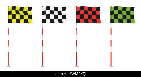 Golf checkered flag waving on a flagpole, colorful vector set isolated on a white background. Stock Vector