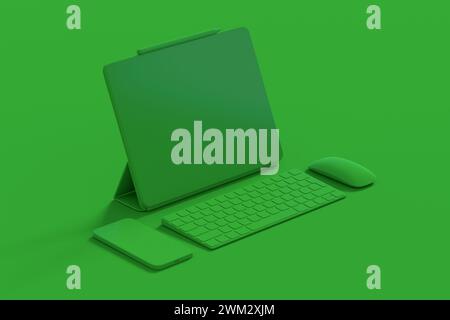 Aluminum laptop with graphic tablet, mouse, headphones and phone isolated on monochrome background. 3D render concept of creative designer equipment a Stock Photo