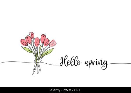Hello spring, bouquet of roses line art drawing, One continuous line drawing and text. for postcard Stock Vector