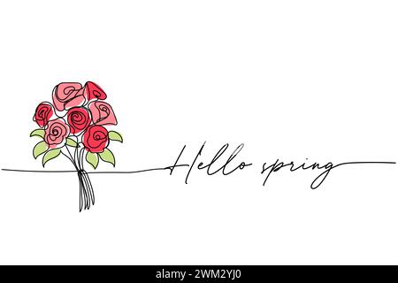 Hello spring, bouquet of roses line art drawing, One continuous line drawing. for postcard Stock Vector