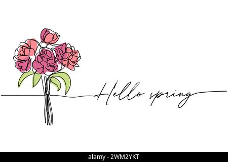 Hello spring, bouquet of peonies line art drawing, One continuous line drawing and text. for postcard Stock Vector