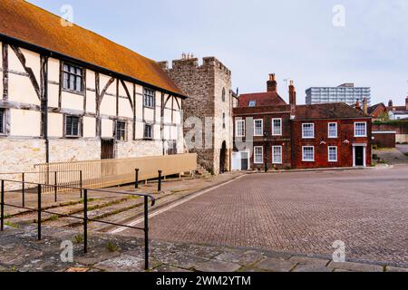 Westgate in old town walls (R) and Westgate Hall (L), view from inside. Southampton, Hampshire, England, United Kingdom, UK, Europe Stock Photo