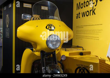 Sparkford.Somerset.United Kingdom.January 7th 2024.A BSA M21 AA motorcycle combination from 1960 is on show at the Haynes Motor Museum in Somerset Stock Photo