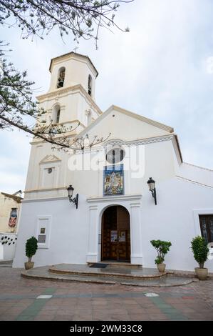 Historic centre of Nerja with bars, restaurants and El Salvador Church. Malaga, Spain. Stock Photo
