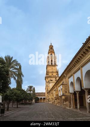 The courtyard of orange trees, columns and bell tower of the Mesquita-Catedral, Mosque-Cathedral of Cordoba, Andalusia, Spain, summer vacation, touris Stock Photo