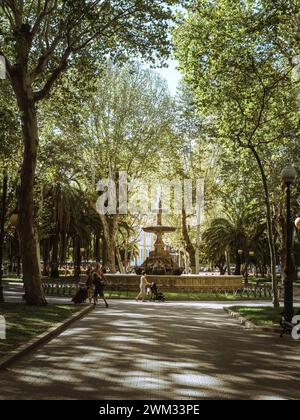 CORDOBA, SPAIN - September 11, 2023 - Water fountain in the public park on Plaza de Colon in Cordoba, Andalusia, Spain Stock Photo