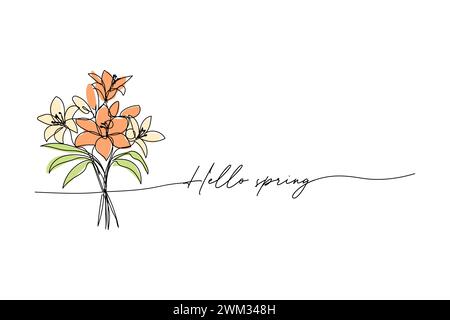 Hello spring, bouquet of lily line art drawing, One continuous line drawing and text. for postcard Stock Vector
