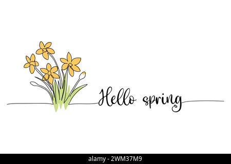 Hello spring, bouquet of daffodil line art drawing, One continuous line drawing and text. for postcard Stock Vector