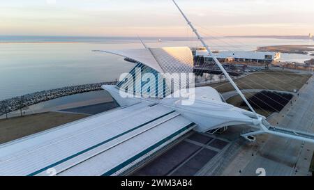 Aerial photograph of Milwaukee Art Museum on a pleasant winter evening. Stock Photo